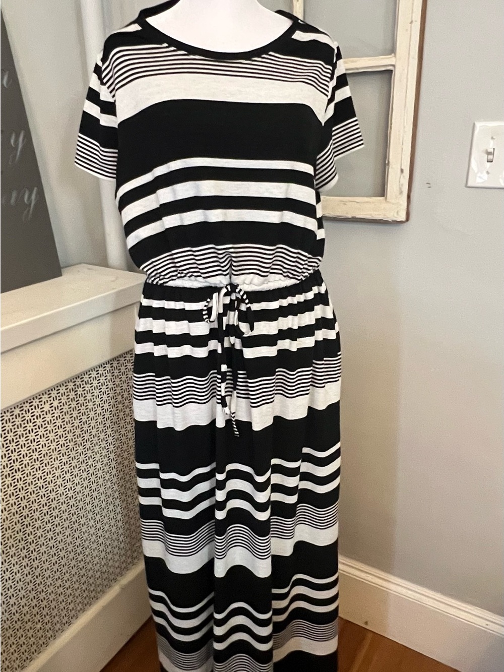 LOFT Black & White Striped Short Sleeve Maxi Dress with Drawstring